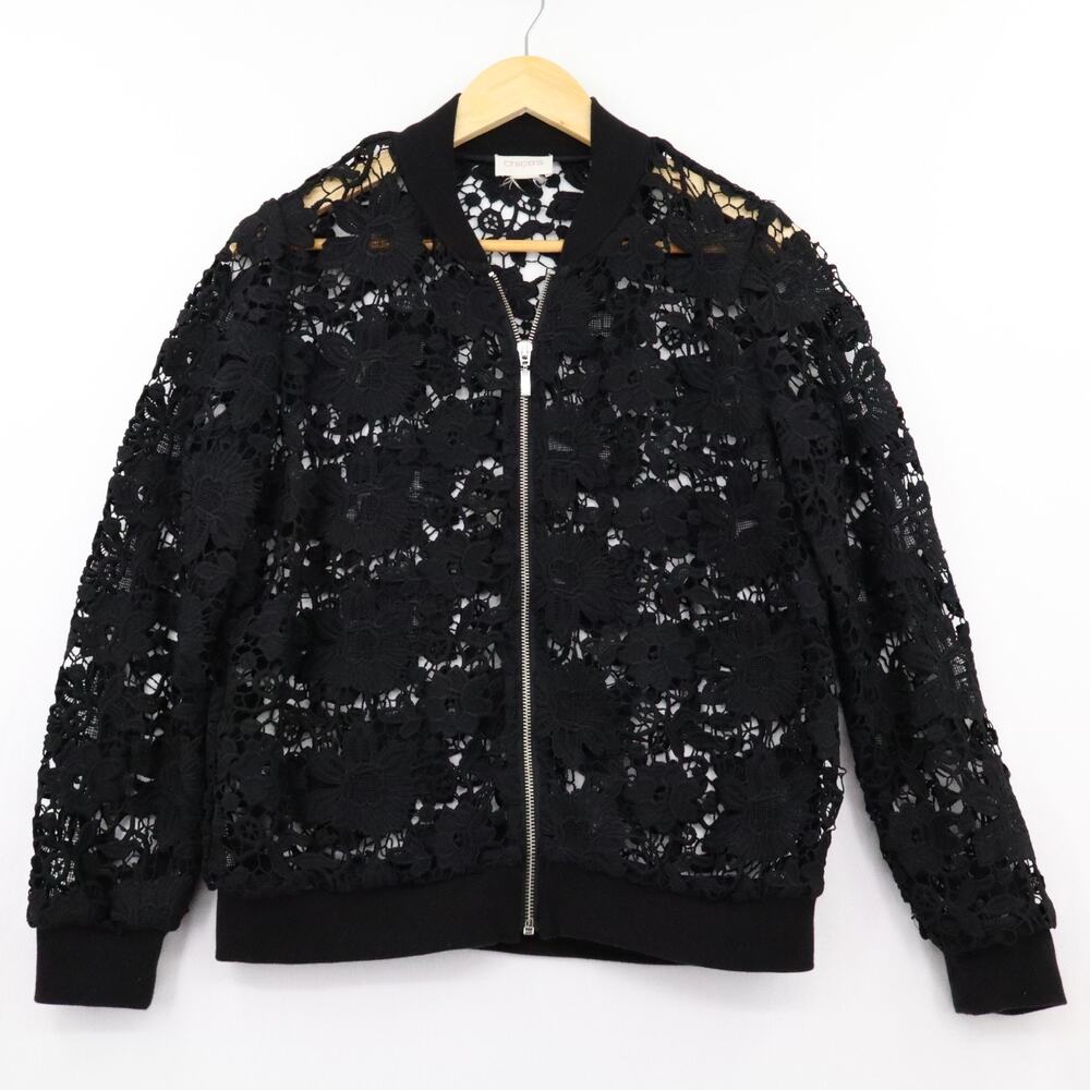 CHICOS Sz 1 or 2 (US M/L) Black Open Lace Jacket Zip Up Long Sleeve Womens